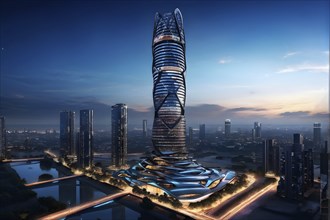 Futuristic skyscraper with termite mounds for natural ventilation and energy efficiency, AI