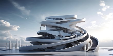 Minimalistic grey colored architecture in geometric adorned structures against a surreal backdrop,