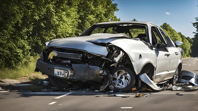 Close-up of damaged car wrecks after a road accident, AI generated