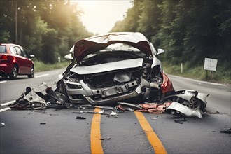 Close-up of car wrecks after a road accident, AI generated