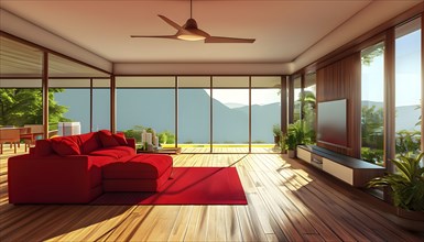 Three dimensional render of a spacious living room, AI generated