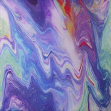 Abstract painting with fluid swirling pastel colors of purple, blue, green and yellow, AI generated