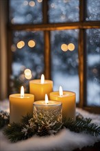 Snow-covered window with frost patterns, candlelight softly glowing through the glass, and warm,