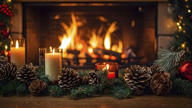 A cozy fireplace mantle decorated with pine cones, garlands, and lit candles, with a close-up focus