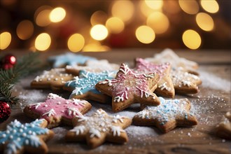 A detailed shot of Christmas cookies on a wooden table, featuring star-shaped cookies with colorful