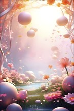 Surreal Easter scene with floating eggs, ribbons, and flowers in a dreamlike, whimsical composition