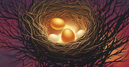 Abstract interpretation of a birds nest with exaggerated, swirling twigs and glowing, vibrant eggs,