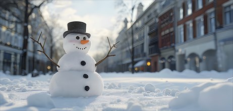 Snowman in an idylic winter urban scenery, snow-covered streets and buildings in background,