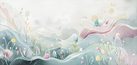 Easter-themed abstract landscape with fluid, flowing lines representing hills, flowers, and hidden