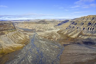 Aerial view over river delta at Skansbukta in the outer Billefjorden, Billefjord, southeast of