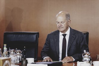 Olaf Scholz (SPD), Federal Chancellor, recorded during the weekly cabinet meeting in Berlin,