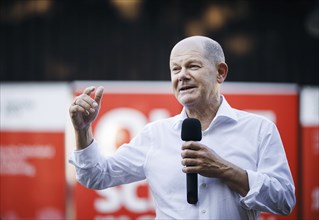 Federal Chancellor Olaf Scholz, (SPD), pictured during a citizens' dialogue in Seelow. 29.08.2024