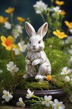 Vintage porcelain rabbit figurine surrounded by small, colorful spring flowers and soft moss, AI