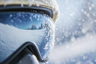 Close up of person's face with large skiing sunglasses with snow in winter. Generative Ai, AI