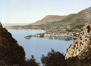 Seen from the cliffs, Old Town of Menton on the Riviera, France, c. 1895, Historic, digitally