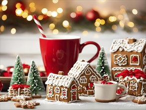 Kitchen counter filled with Christmas cookies, gingerbread houses, and mugs of hot chocolate, with