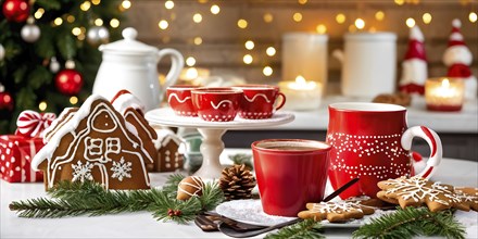 Kitchen counter filled with Christmas cookies, gingerbread houses, and mugs of hot chocolate, with