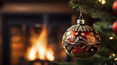 Christmas ornament hanging on a tree, with reflections of twinkling lights and fireplace flames