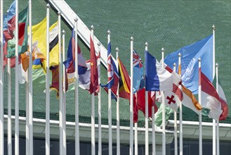 Many flags in front of the United Nations Conference Centre, Bangkok, Thailand, Asia