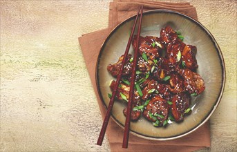 Yakitori chicken kebab, on a plate, with green onions and sesame seeds, top view, no people