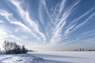 Blue sky with condensation trails from airplanes in winter landscape. Generative Ai, AI generated