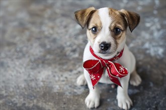 Cute dog puppy with red christmas gift ribbon around neck. Generative Ai, AI generated