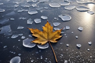 Delicate leaf resting on the surface of a frozen puddle, with intricate ice crystals forming