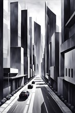 Modern city skyline using clean lines and geometric forms, with rectangular buildings and smooth,