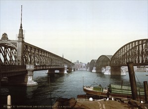 The two bridges over the Maas in Rotterdam, Netherlands, around 1895, Historical, digitally