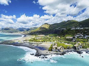 Praia a Mare from a drone, Tyrrhenian Sea, Cosenza, Calabria, Italy, Europe