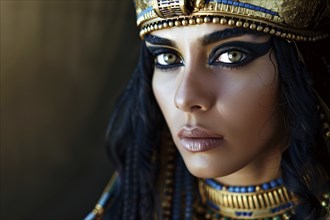 Close up of face of woman with beautiful Cleopatra style makeup and accessories. Generative Ai, AI