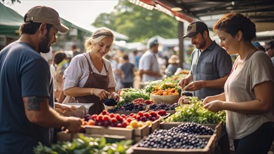 Fresh vibrant organic fruits and vegetables at a bustling farmers market, AI generated