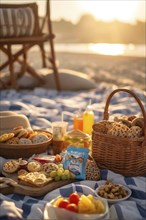 Picnic scene with healthy food and snacks on a sunny sandy beach, AI generated