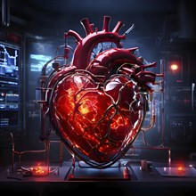 Human heart enmeshed in a delicate network of cells and arteries, AI generated