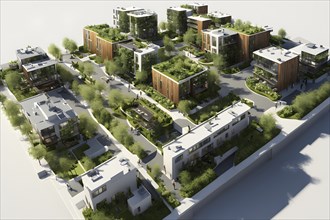 3d model render showcasing an urban neighborhood boasting ecological zero waste infrastructure with