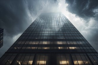 Office building with a full glass facade and illuminated windows at a rainy day with heavy clouds,