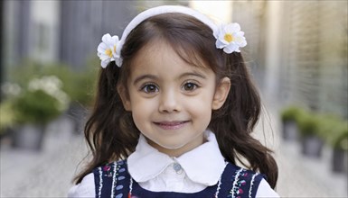 A little girl with a flower headband and dark hair smiles trustingly into the camera, AI generated,