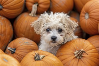 Close up of dog puppy between large orange pumpkins in pumpkin patch. Generative Ai, AI generated