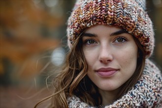 Young woman with knitted hat and scarf in autumn forest in background. Generative Ai, AI generated