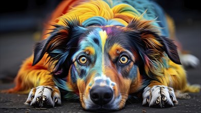 Portrait of a colored dog in vibrant hues as metaphor for the saying known like a colorful dog, AI