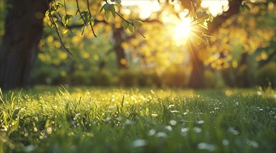 Green meadow with tree, leaves and grass in foreground. Sunset sun shining through tree branches,