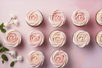 Top view of cupcakes with pink rose flower shaped crream frosting. KI generiert, generiert, AI