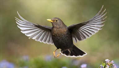 Animal, bird, blackbird, Turdus merula, in flight, AI generated, AI generated