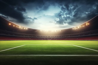 A soccer field with a large crowd of people watching the game. The stadium is lit up with bright