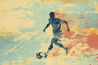 A soccer player dribbles and kicks a soccer ball. Abstract vintage grungy poster style with muted