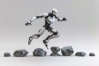 Futuristic humanoid cyborg running and jumping over rocks in front of a white background, AI