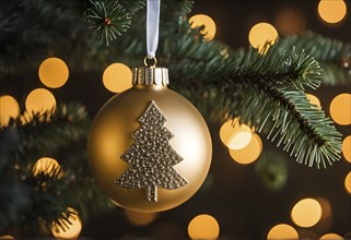 Christmas ornament hanging on a tree, with reflections of twinkling lights and fireplace flames