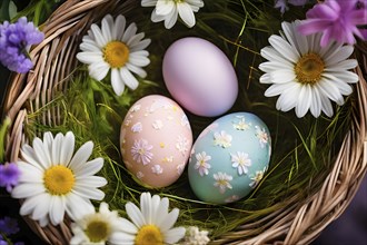 Pastel-colored Easter eggs in a wicker basket, surrounded by delicate spring flower, AI generated