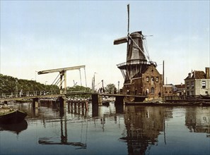 St Catherine's Bridge and Windmill, Haarlem, Holland, ca 1895, Historical, digitally restored