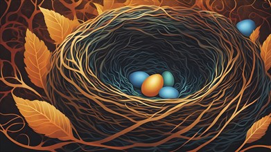 Abstract interpretation of a birds nest with exaggerated, swirling twigs and glowing, vibrant eggs,